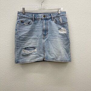Billabong Distressed Destroyed Ripped Blue Denim Mini Skirt Womens size 28